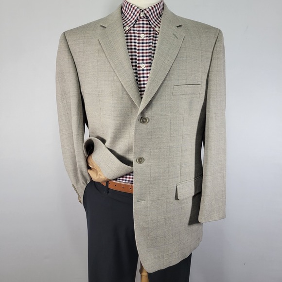 Calvin Klein Men's Sport Coat Blazer Three Button Beige Plaid Wool Size 44R